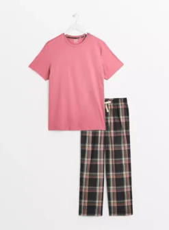 Pink T-Shirt & Brown Check Woven Pyjamas S