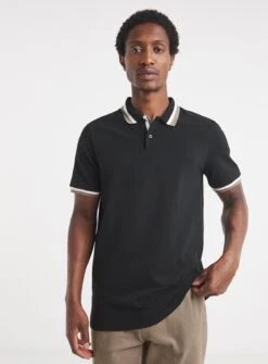 JACAMO Tipped Pique Polo Long Length Black 2XL